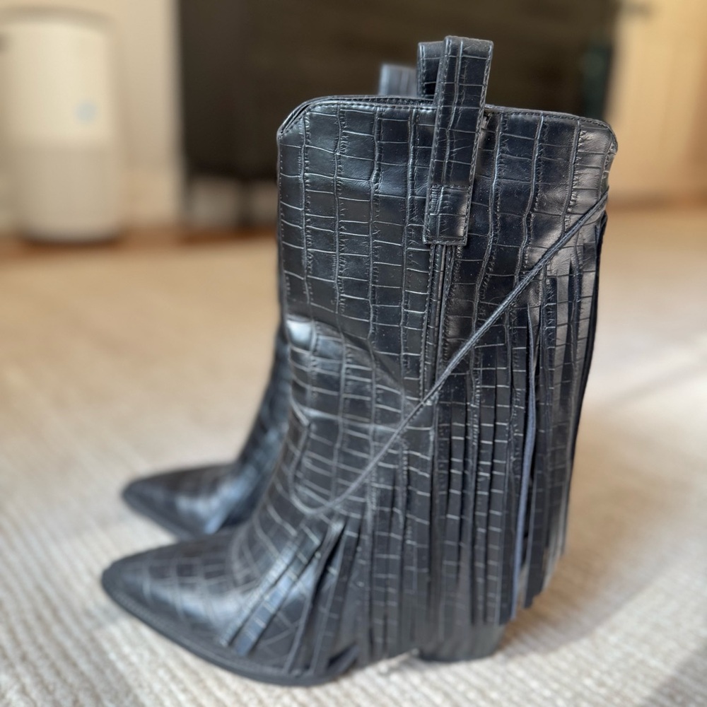 Black Croc-Embossed Fringe Ankle Boots